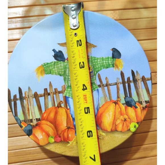 Scarecrow Pumpkin 7" Round Tin Can Container Barb Tourtillotte Illustrated Used - Picture 8 of 9